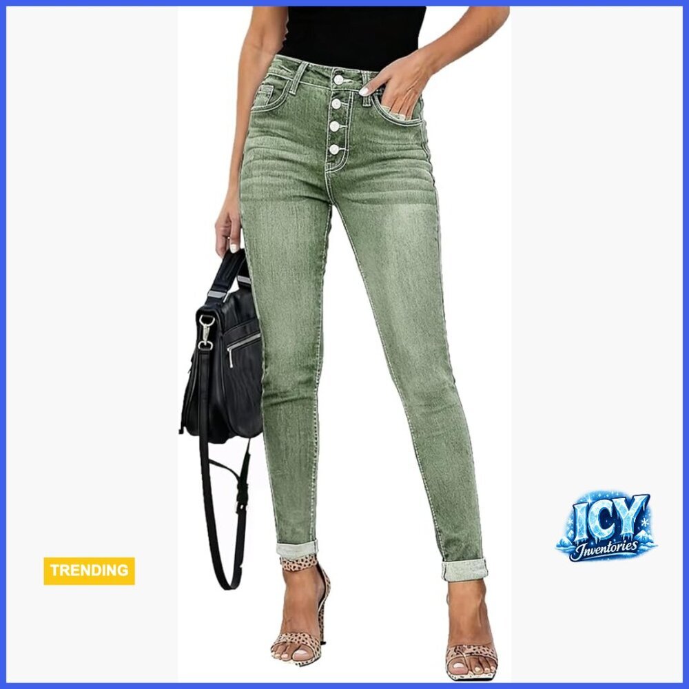High Rise Skinny Stretch Button Ripped Jeans High Waisted Destroyed Denim Pants